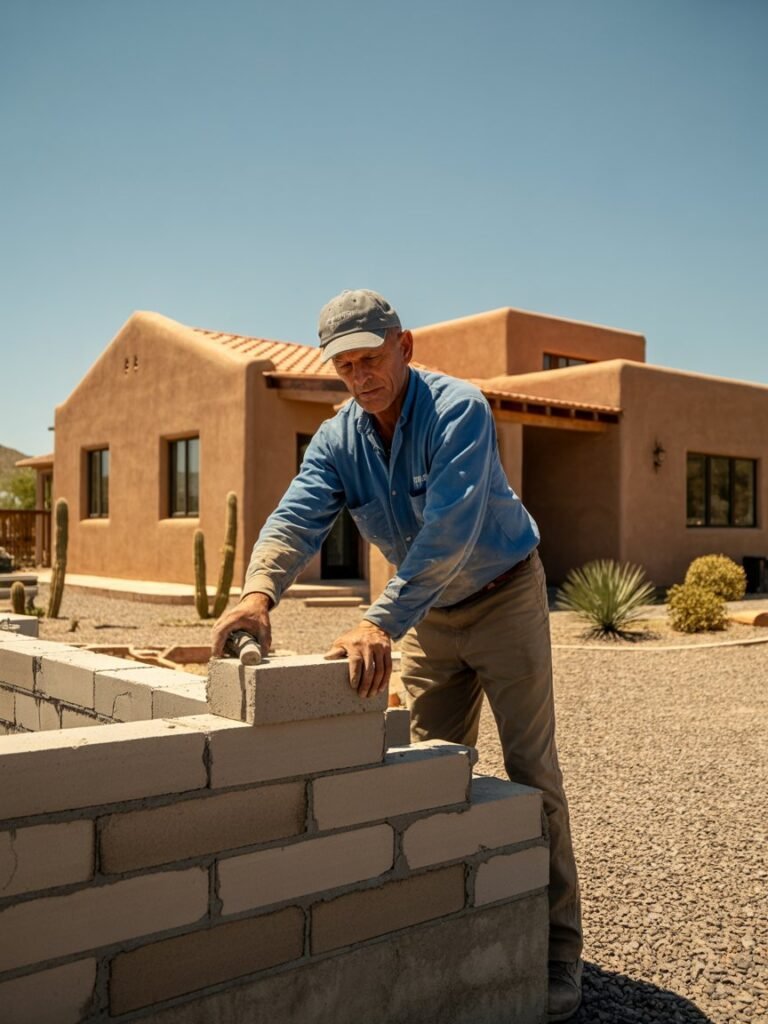 A masonry contractor in a blue shirt and cap carefully lays concrete blocks while constructing a wall outside a desert-style home in Tucson, Arizona, with cacti and gravel landscaping in the background.
