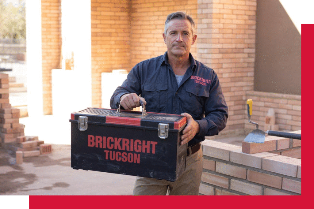 A professional mason in a navy blue uniform holding a black and red toolbox labeled "BRICKRIGHT TUCSON" at a construction site with partially built brick walls in the background.