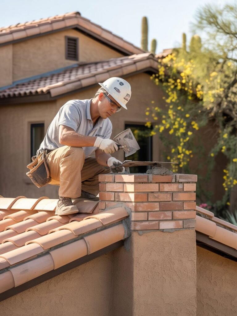 "Construction worker in safety gear repairing a brick chimney on a tiled roof of a residential home under sunny weather."
