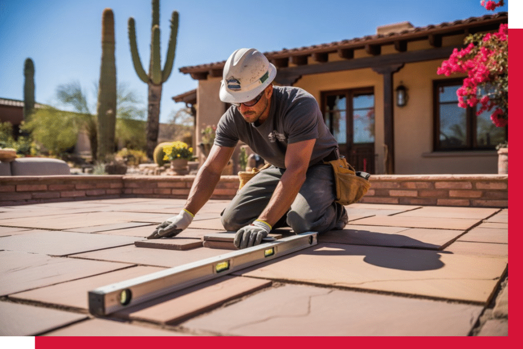 A construction worker wearing a hard hat and tool belt kneels on a patio, using a spirit level to align stone pavers in front of a southwestern-style home with cacti and vibrant landscaping in the background.