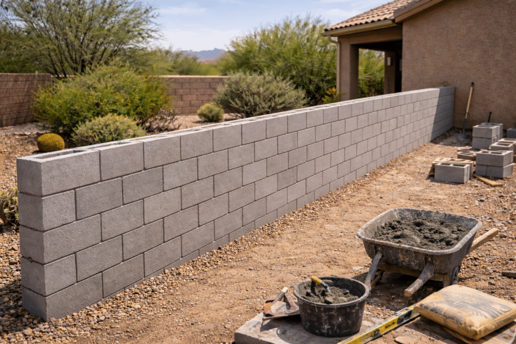 Concrete block wall installation in residential Tucson property