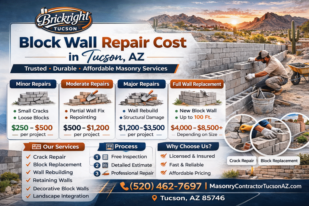 Infographic showing block wall repair cost in Tucson AZ including minor repairs $250-$500, moderate repairs $500-$1200, major repairs $1200-$3500 and full wall replacement $4000-$8500 with BrickRight Tucson contact information.