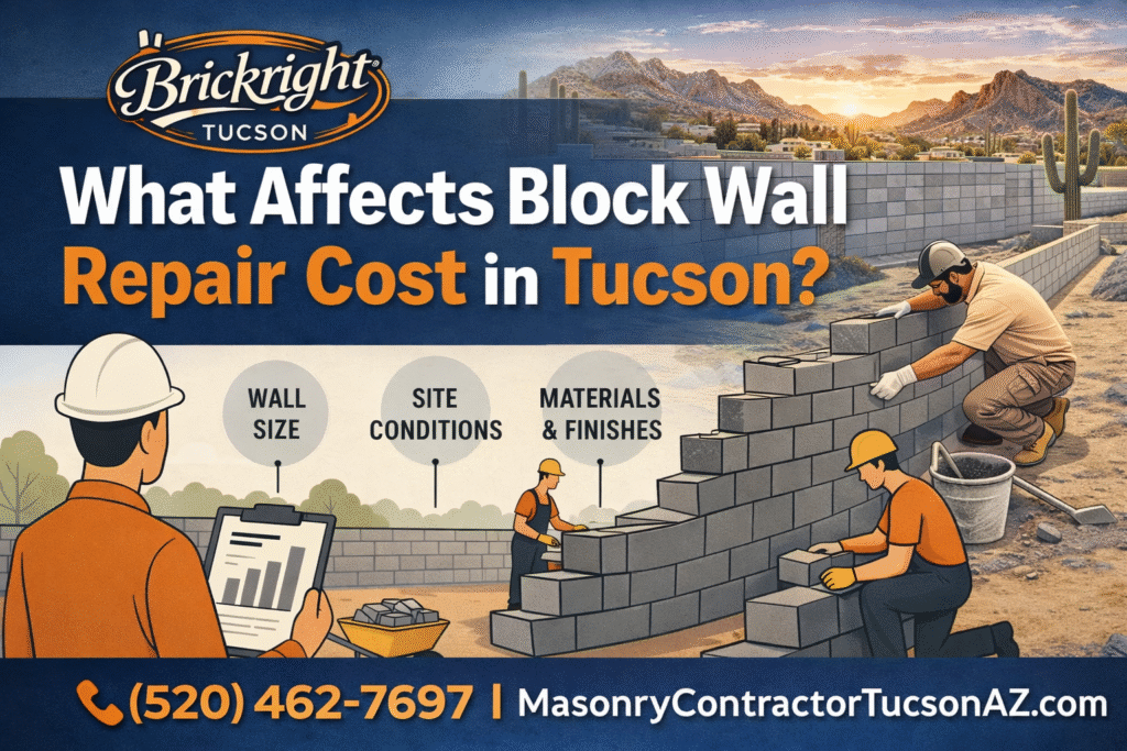 YouTube thumbnail for BrickRight Tucson’s video on factors affecting block wall repair cost, highlighting Wall Size, Site Conditions, and Materials & Finishes in a desert landscape with construction workers.
