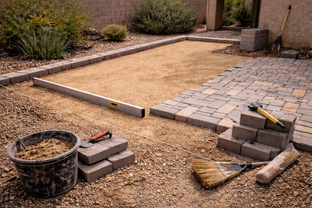 Paver patio installation with proper base preparation