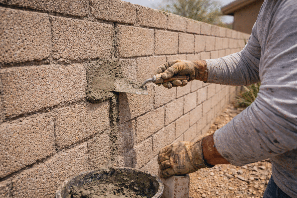 Repairing slump block wall with reinforced mortar joints