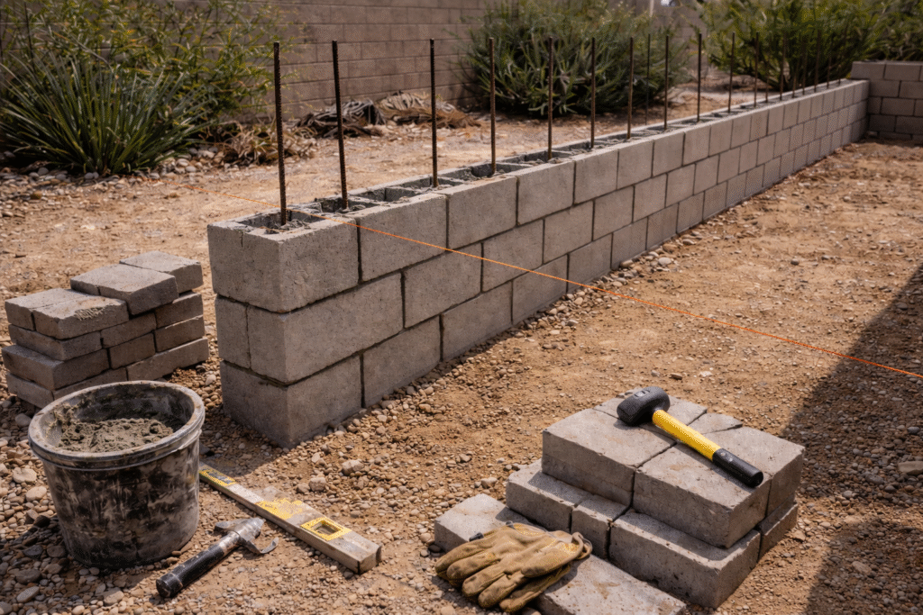 Structural block masonry with reinforcement during construction