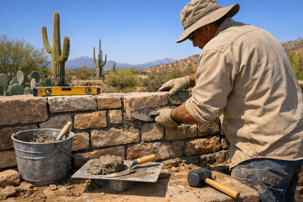 Professional mason building a sturdy stone wall in sunny Tucson desert landscape with cacti, clear blue sky, and masonry tools nearby.