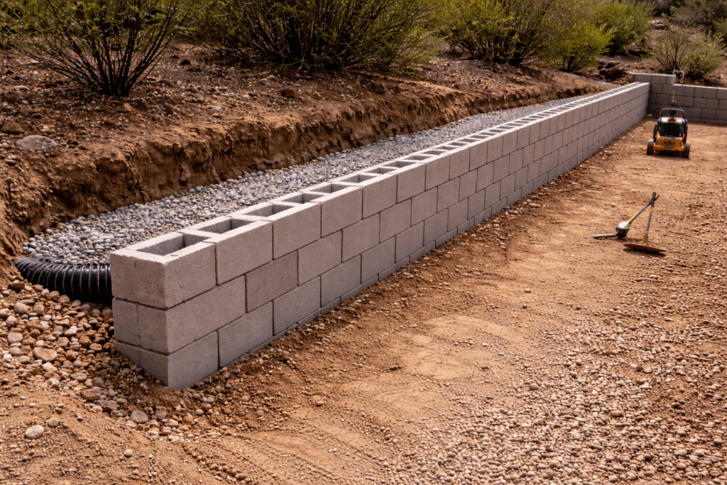 Concrete block retaining wall built with drainage support in Tucson yard.