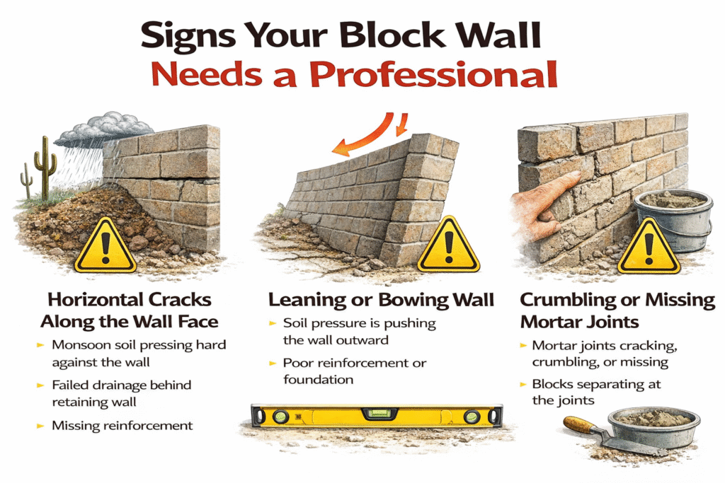 Retaining walls hold back soil pressure and require proper drainage and structural support. Early signs like bulging soil, drainage issues, or base cracks should never be ignored.
