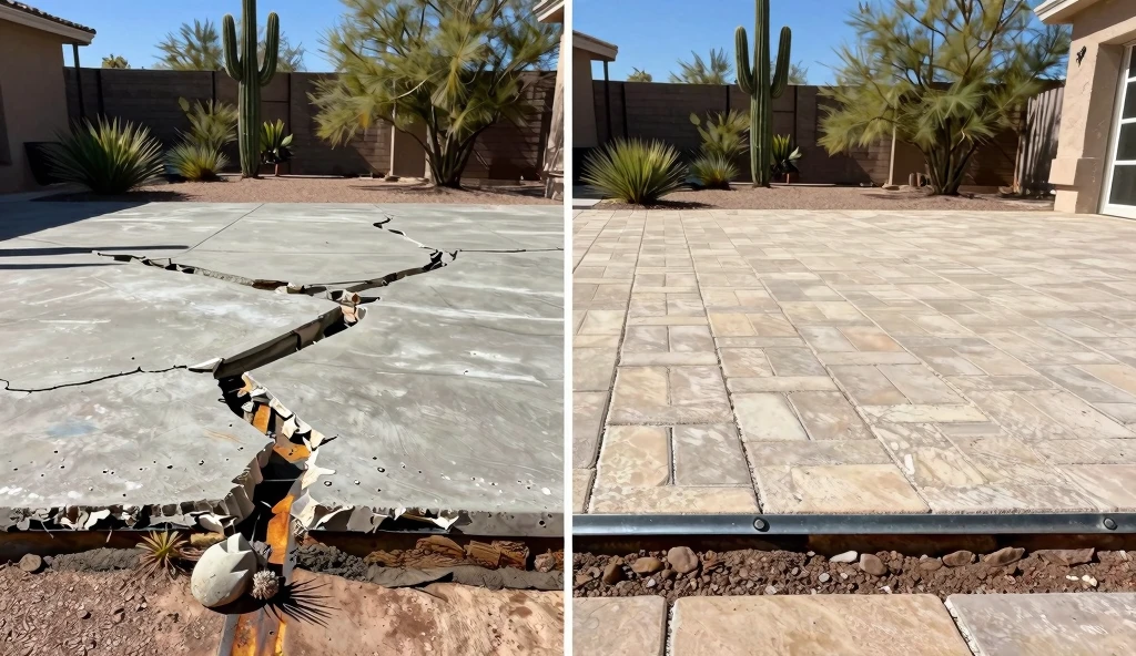 concrete slab cracked vs paver patio intact Tucson Arizona soil movement comparison