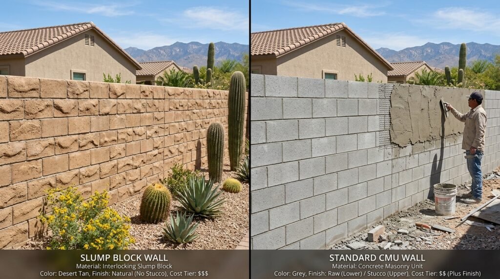 slump block wall vs CMU wall Tucson Arizona comparison side by side