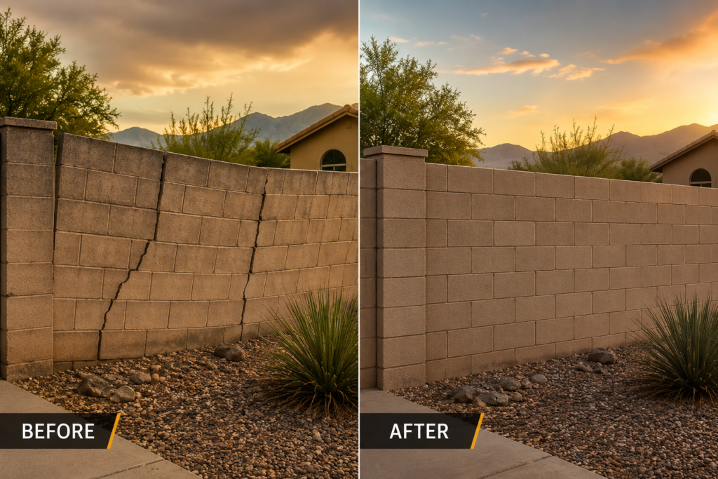 Before-and-after comparison of a cracked and leaning block wall repaired in a Tucson desert backyard.