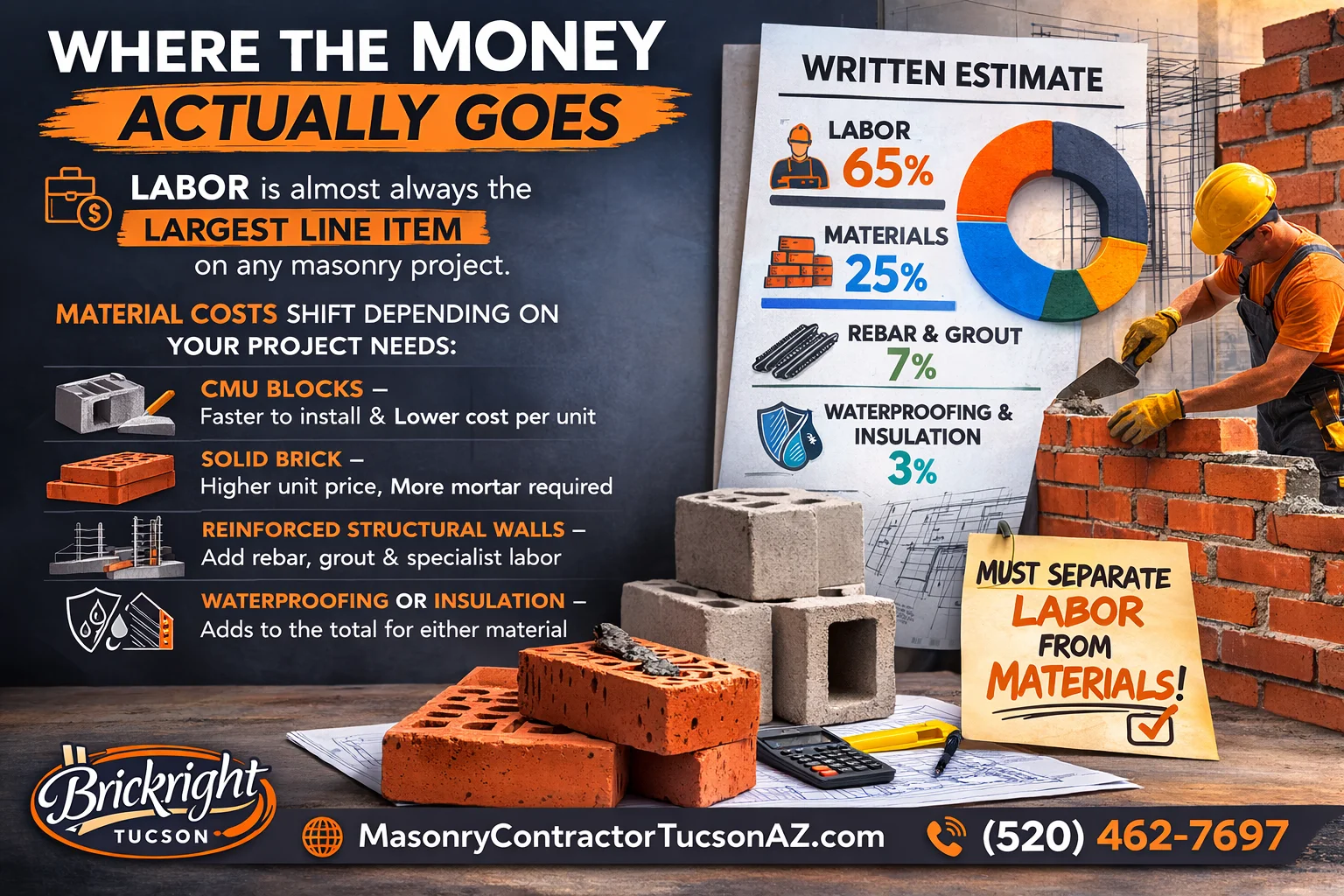 Where the Money Actually Goes Labor is almost always the largest line item on any masonry project. Skilled Arizona masons charge based on experience, wall complexity, and time, and rightfully so. Material costs shift depending on what your project needs: CMU blocks are faster to install and have a lower cost per unit Solid brick  higher unit price, more mortar is required Reinforced structural walls  add rebar, grout, and specialist labor Waterproofing or insulation  adds to the total for either material Any contractor worth hiring will provide a written estimate that clearly separates labor from materials. If they will not do that, keep looking.