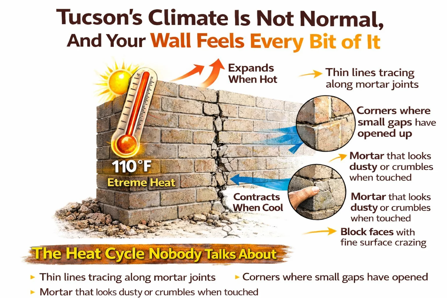 Tucson extreme heat causing expansion and contraction cracks in masonry block walls